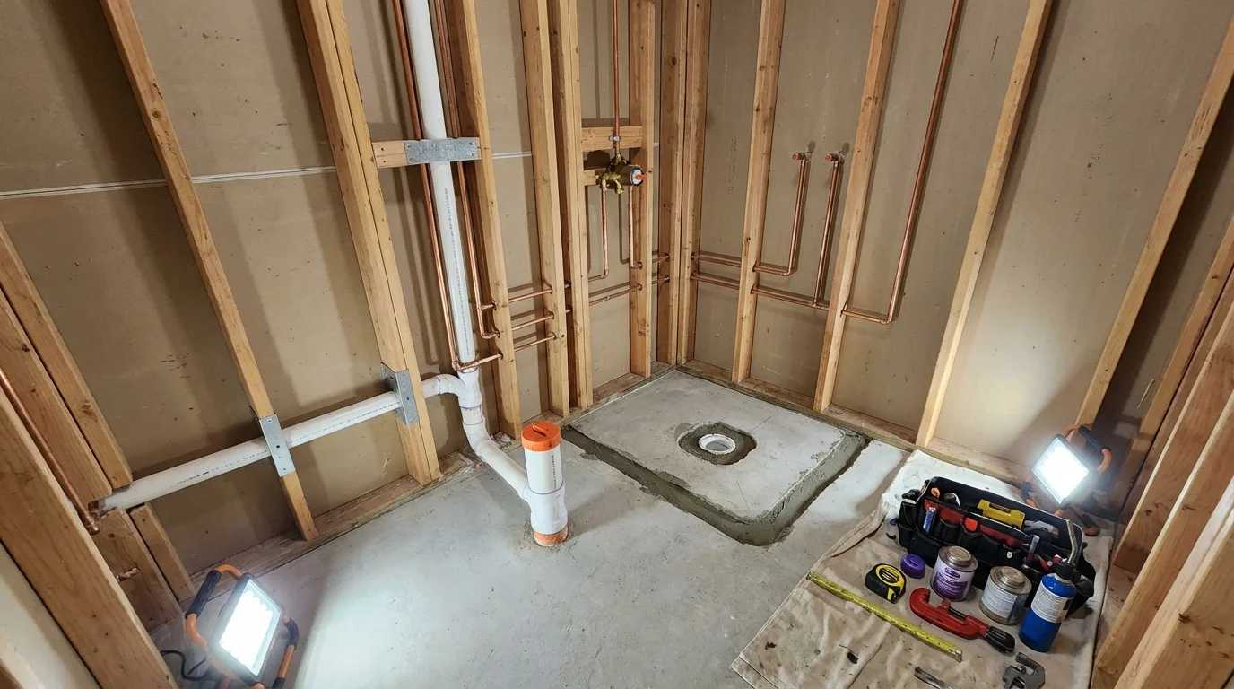 Bathroom rough-in plumbing during remodel by Johns Plumbing LLC in Ottawa