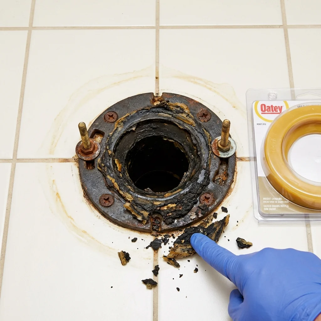 Failed wax ring showing water seepage at the base of a toilet in a Ottawa, IL home