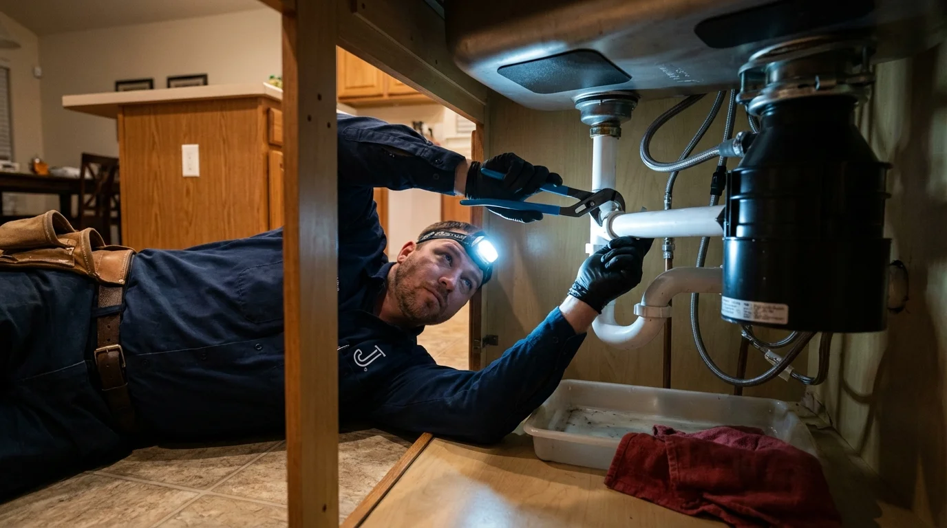 P-trap and supply line connections under a kitchen sink showing a common leak point in Ottawa, IL
